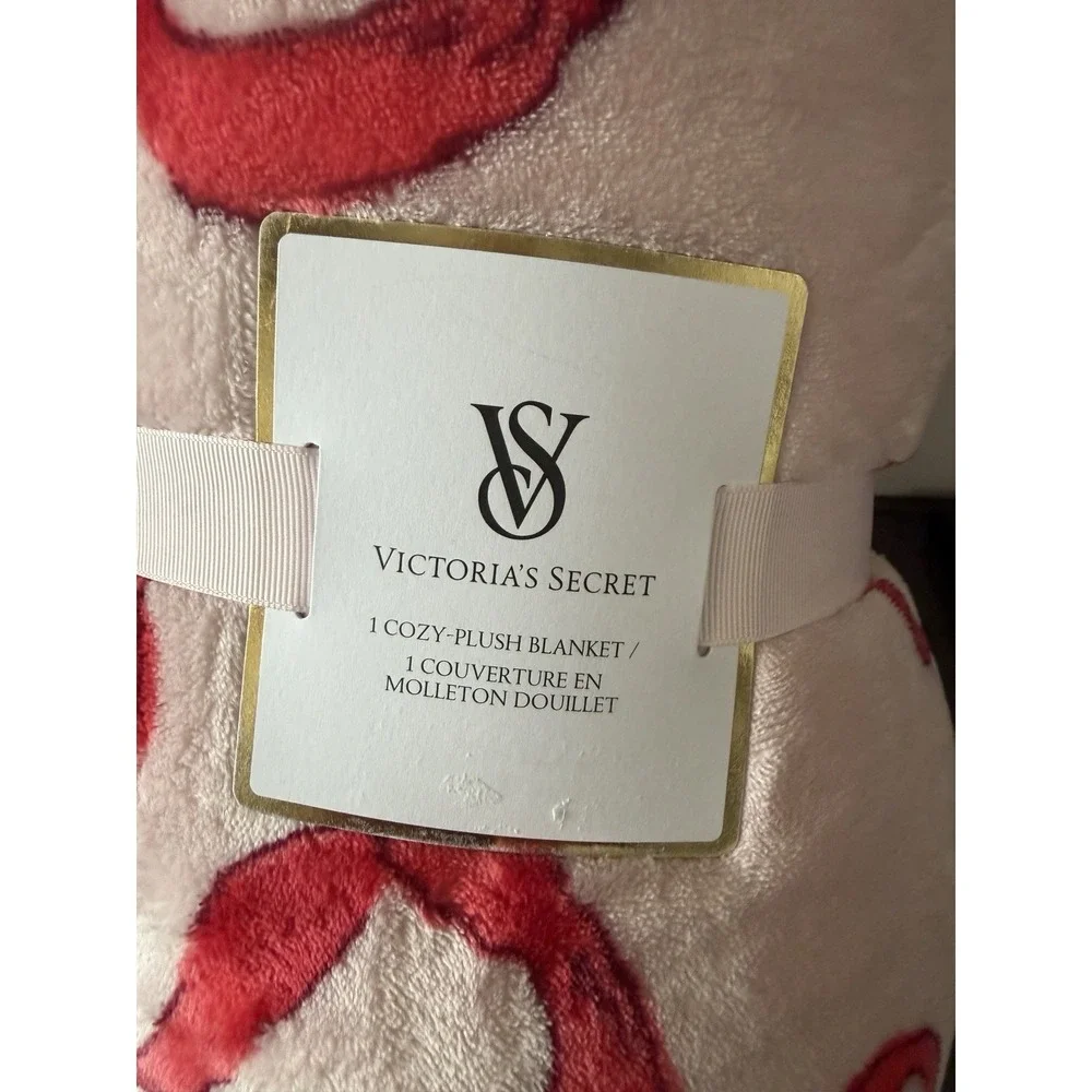 New Victoria's Secret Pink Sherpa Throw Blanket 50x60 Pink‎ White Ribbon Bows